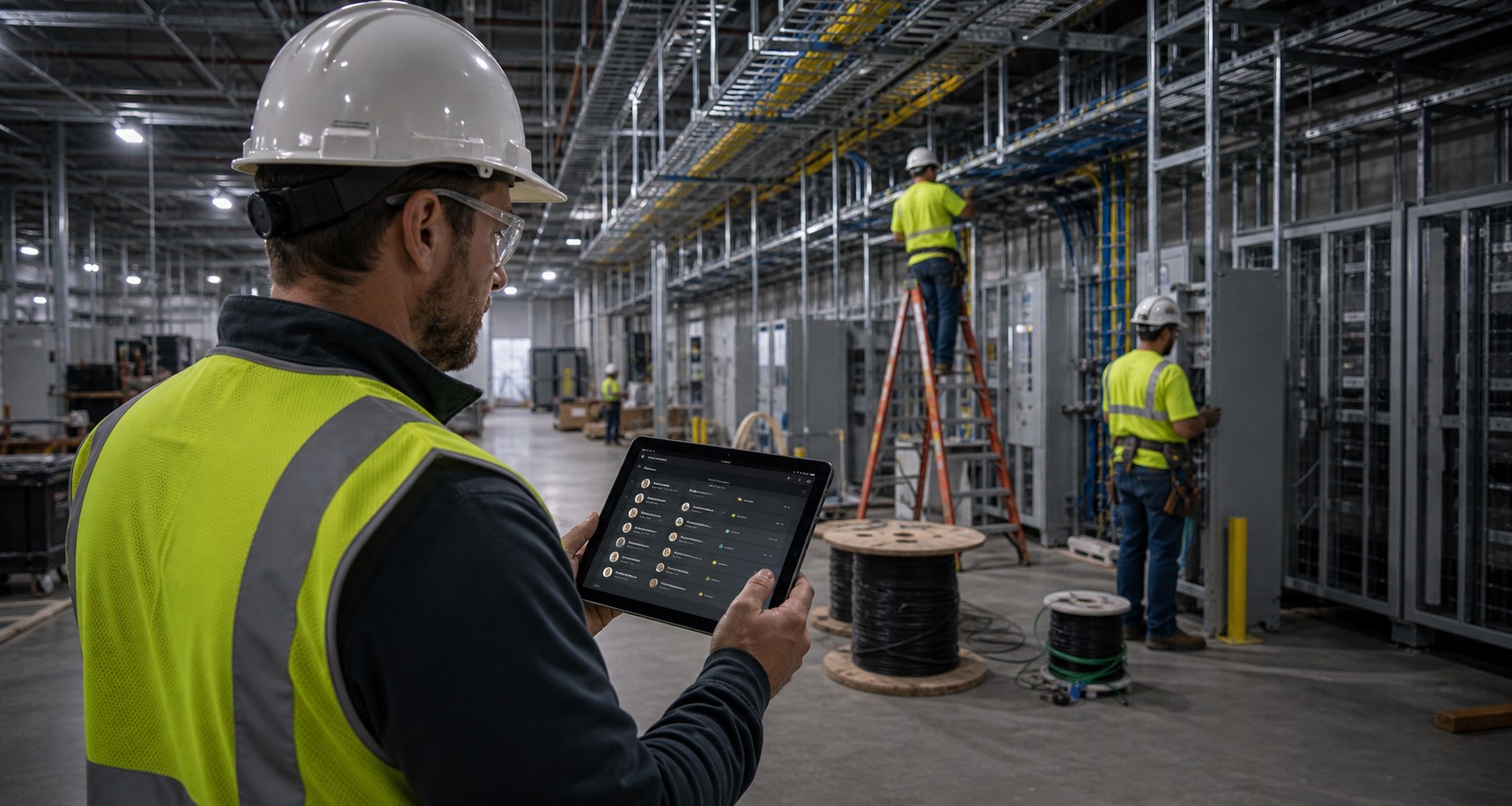 A project staffing lead reviews ranked traveler matches on a tablet at a data center jobsite.